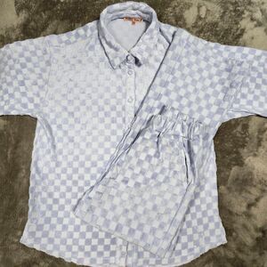 Bailey Rose Checker Plush Terry Wide Leg Lounge Set XS Periwinkle Blue Casual